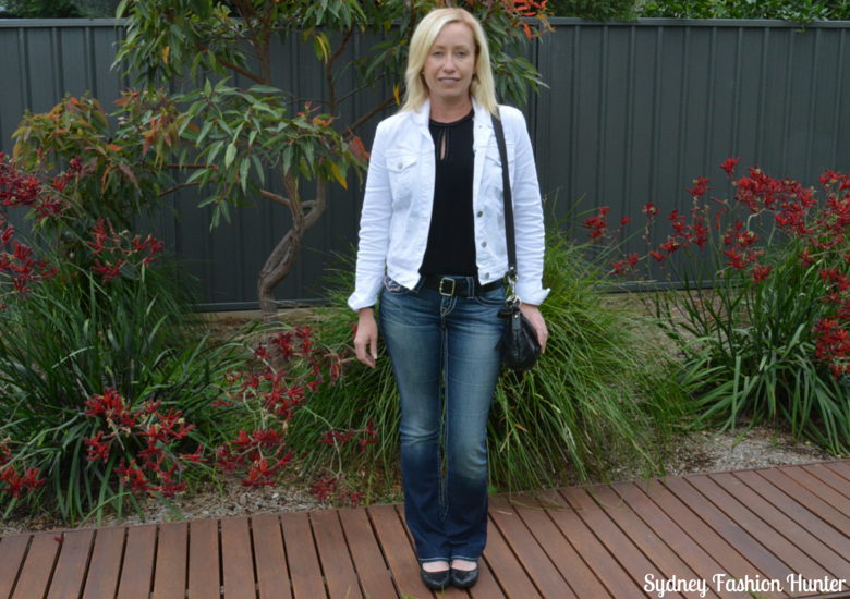 True Religion Bootcut Jean, GAP white denim jacket, Black Gliiter Ballet FLats