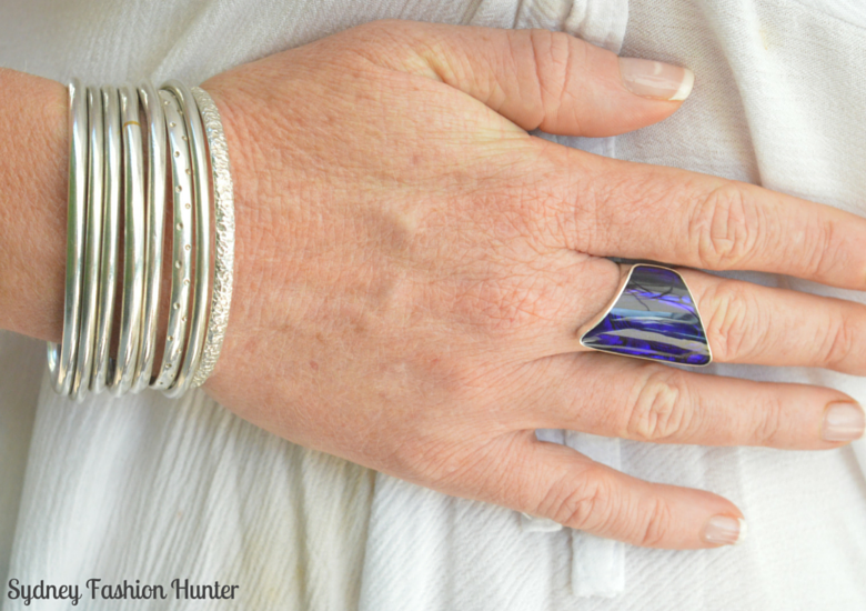 Silver & Purple shell ring with silver bangle stack