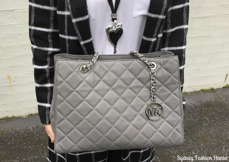 Sydney Fashion Hunter: Fresh Fashion Forum 32 Black & White Check Coat Outfit - Black & Silver Heart Pendant & Michael Kors Grey Quilted Bag