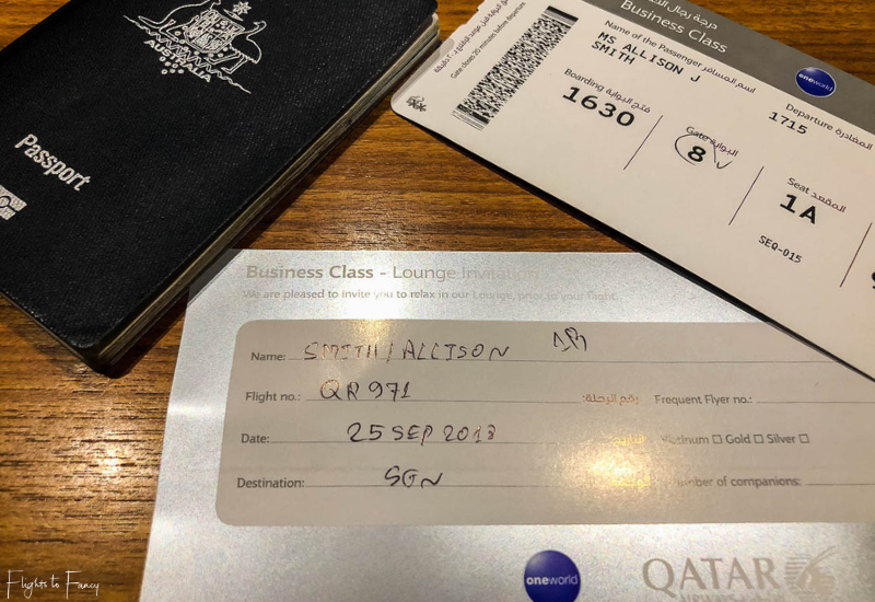 Australian Passport, Qatar Business Class Boarding Pass & Invitation to Plaza Premium Lounge Phnom Penh Airport